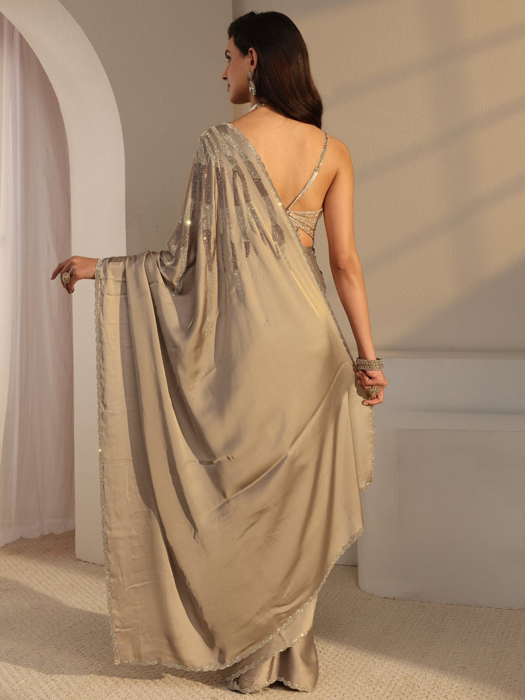 Libas Taupe Solid Satin Saree With Unstitched Blouse Piece S45