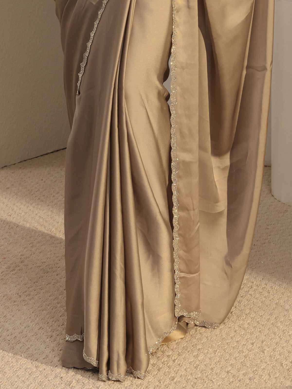 Libas Taupe Solid Satin Saree With Unstitched Blouse Piece S45