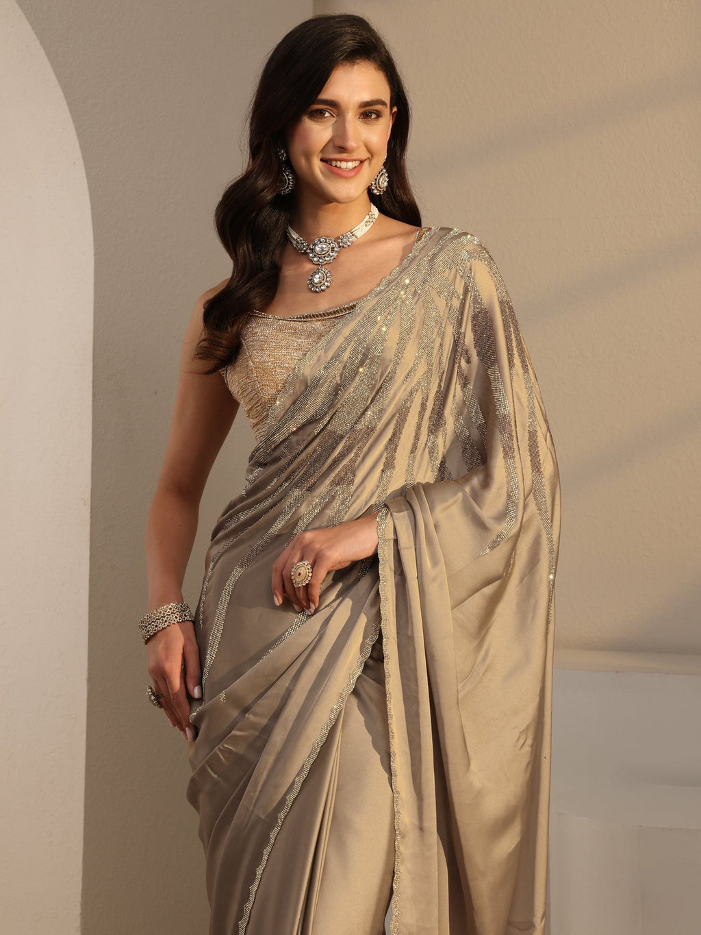 Libas Taupe Solid Satin Saree With Unstitched Blouse Piece S45