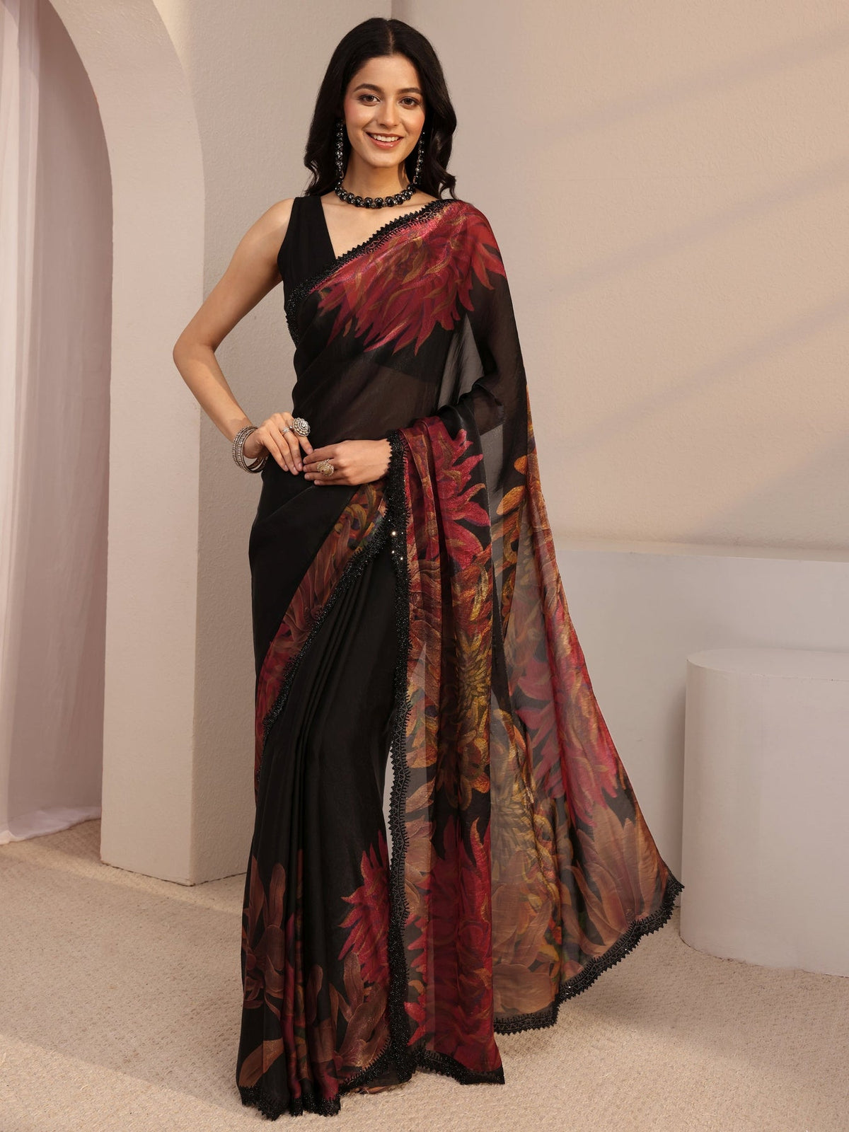Libas Black Floral Printed Organza Saree With Unstiched Blouse Piece S45