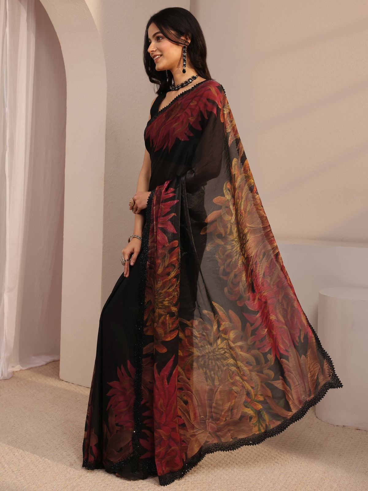 Libas Black Floral Printed Organza Saree With Unstiched Blouse Piece S45