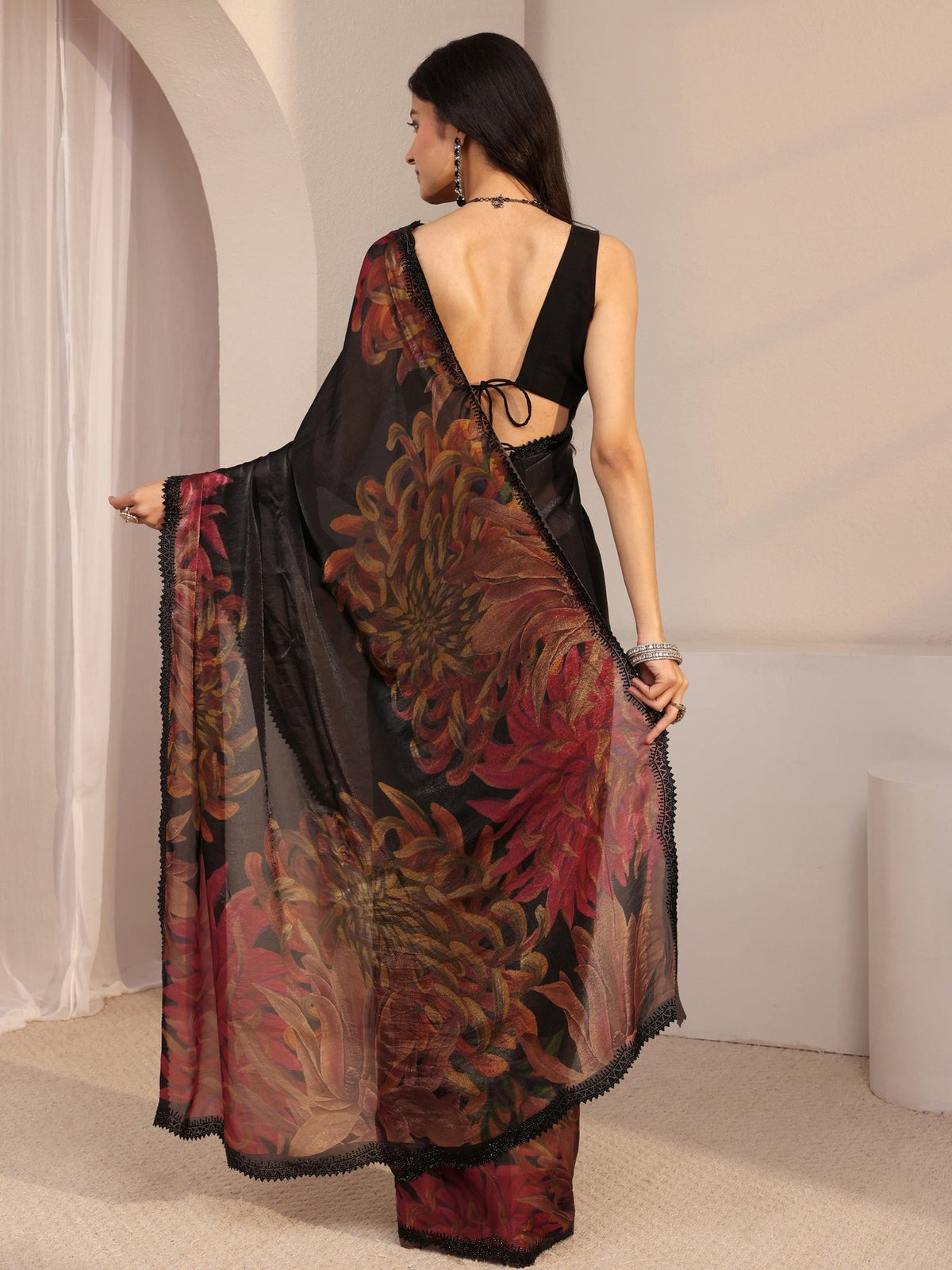 Libas Black Floral Printed Organza Saree With Unstiched Blouse Piece S45