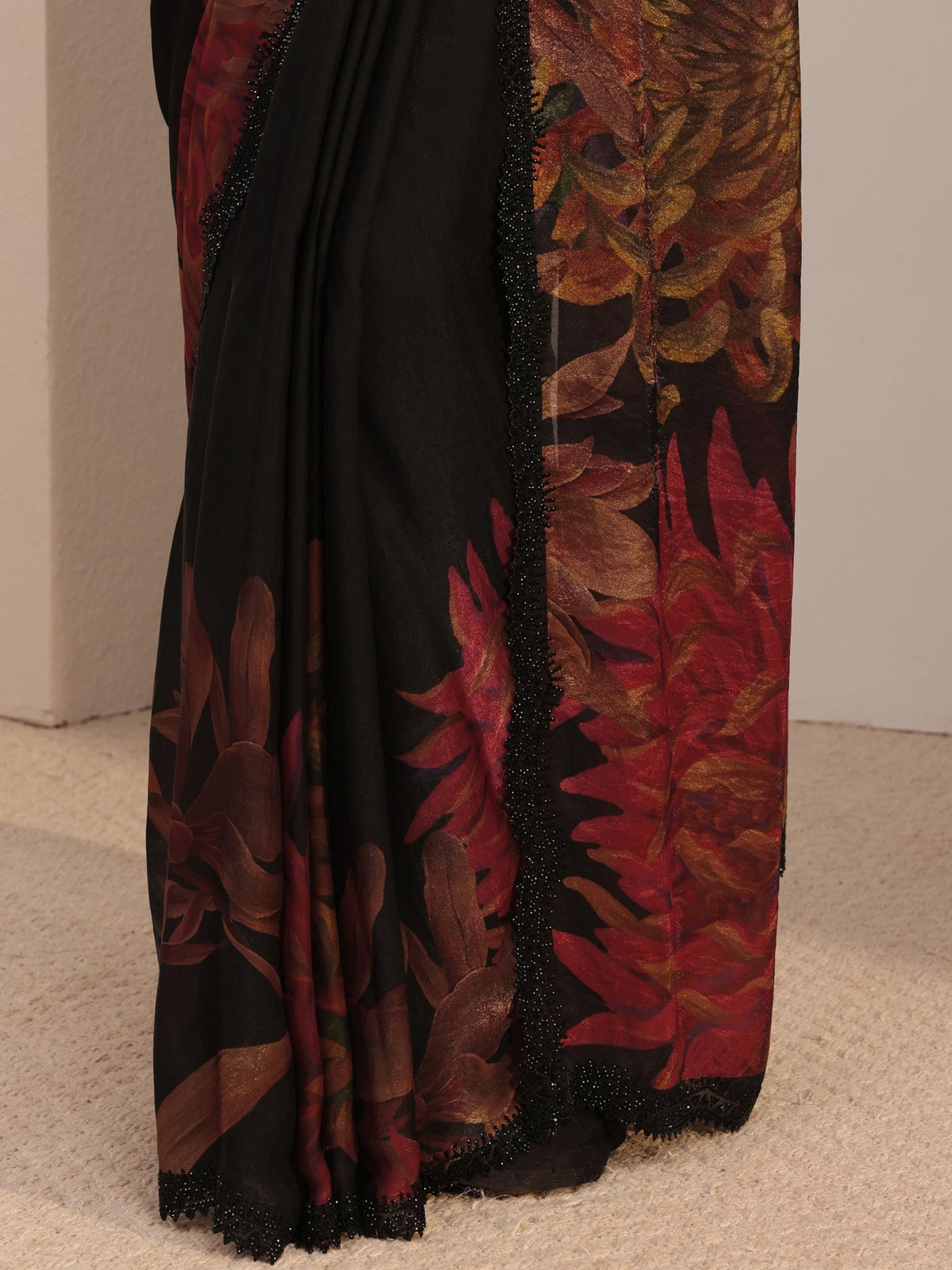 Libas Black Floral Printed Organza Saree With Unstiched Blouse Piece S45