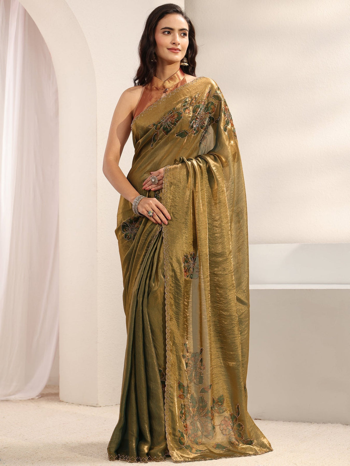 Libas Green Floral Embellished Tissue Saree With Unstitched Blouse Piece S45