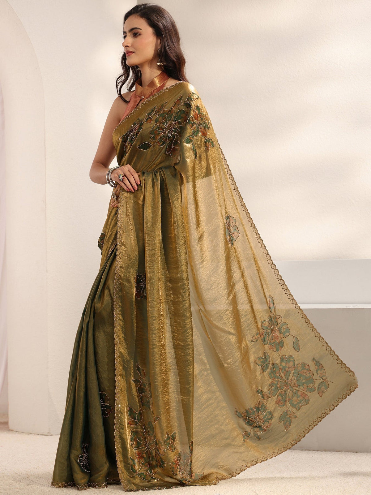 Libas Green Floral Embellished Tissue Saree With Unstitched Blouse Piece S45