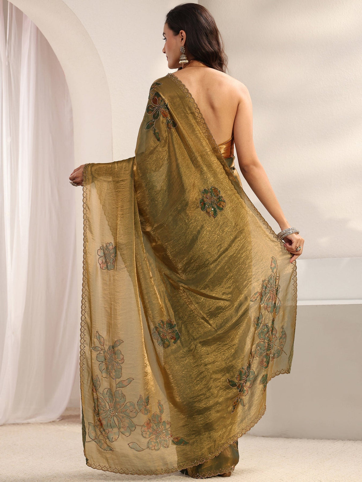 Libas Green Floral Embellished Tissue Saree With Unstitched Blouse Piece S45