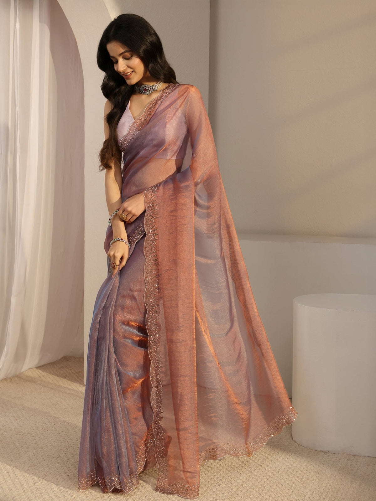 Libas Purple Embellished Tissue Saree With Unstiched Blouse Piece S45