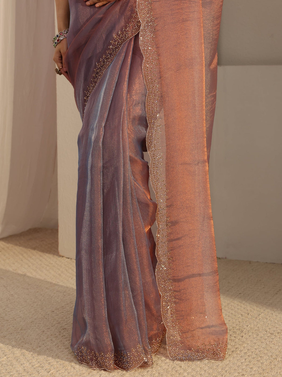 Libas Purple Embellished Tissue Saree With Unstiched Blouse Piece S45
