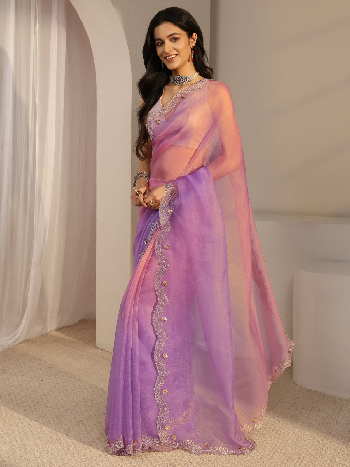 Libas Purple Embellished Tissue Saree With Unstiched Blouse Piece S45
