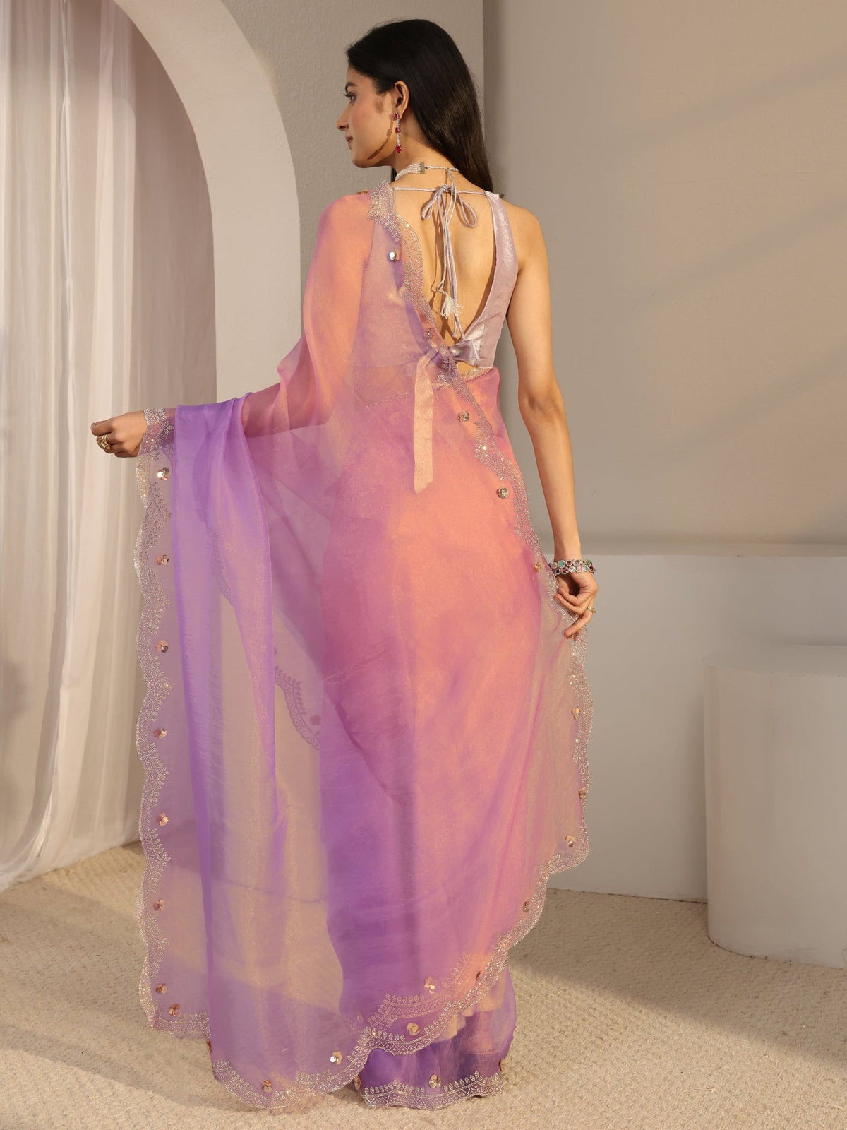 Libas Purple Embellished Tissue Saree With Unstiched Blouse Piece S45