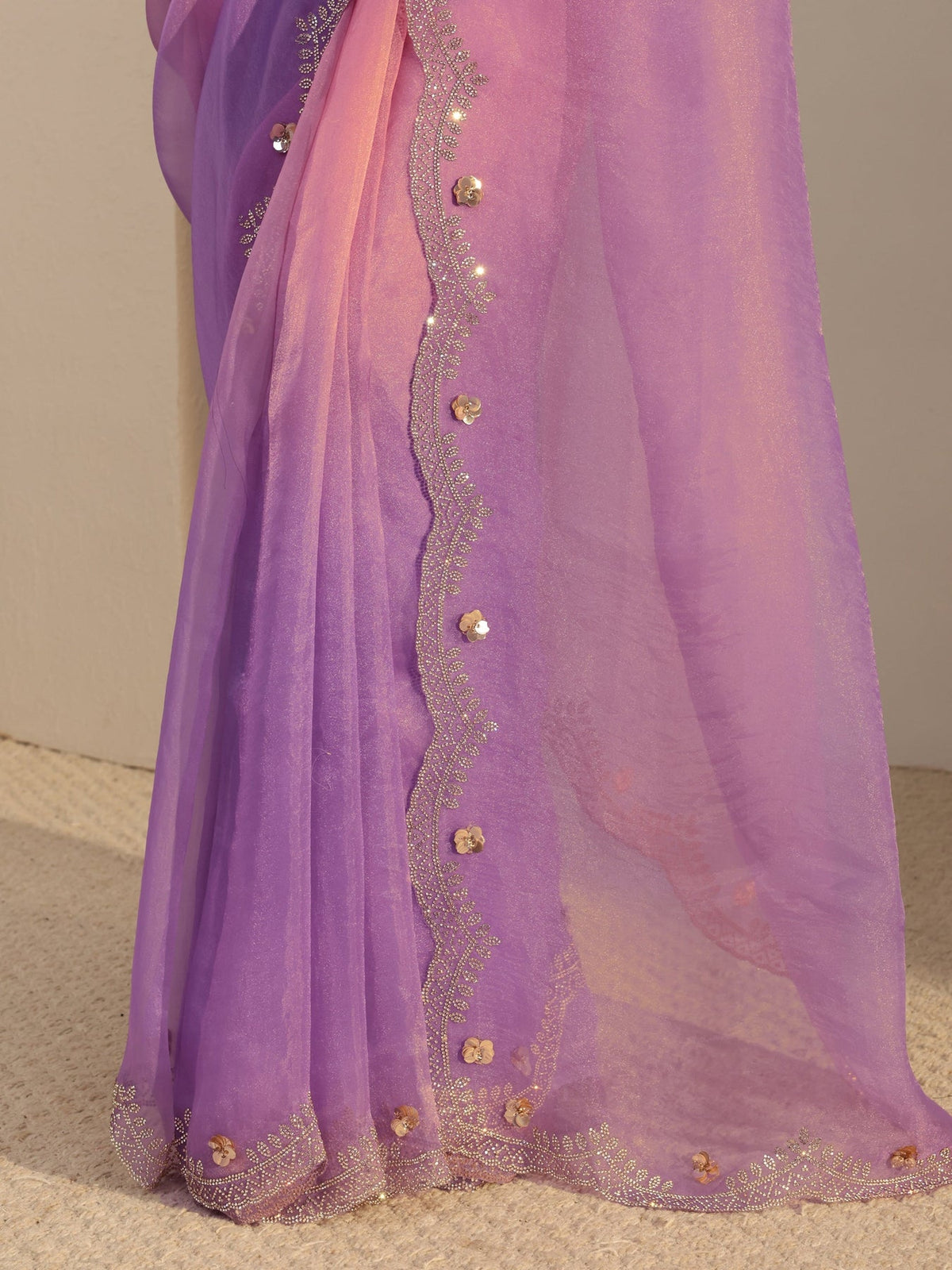 Libas Purple Embellished Tissue Saree With Unstiched Blouse Piece S45