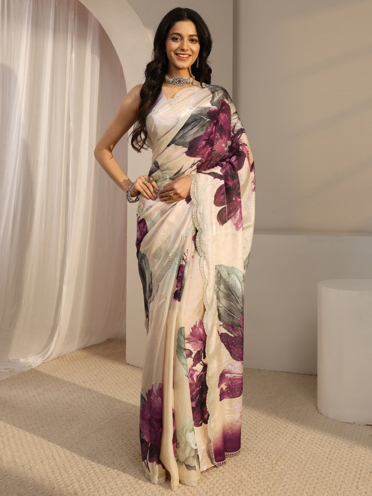 Libas Ivory Embellished Tissue Saree With Unstiched Blouse Piece S45