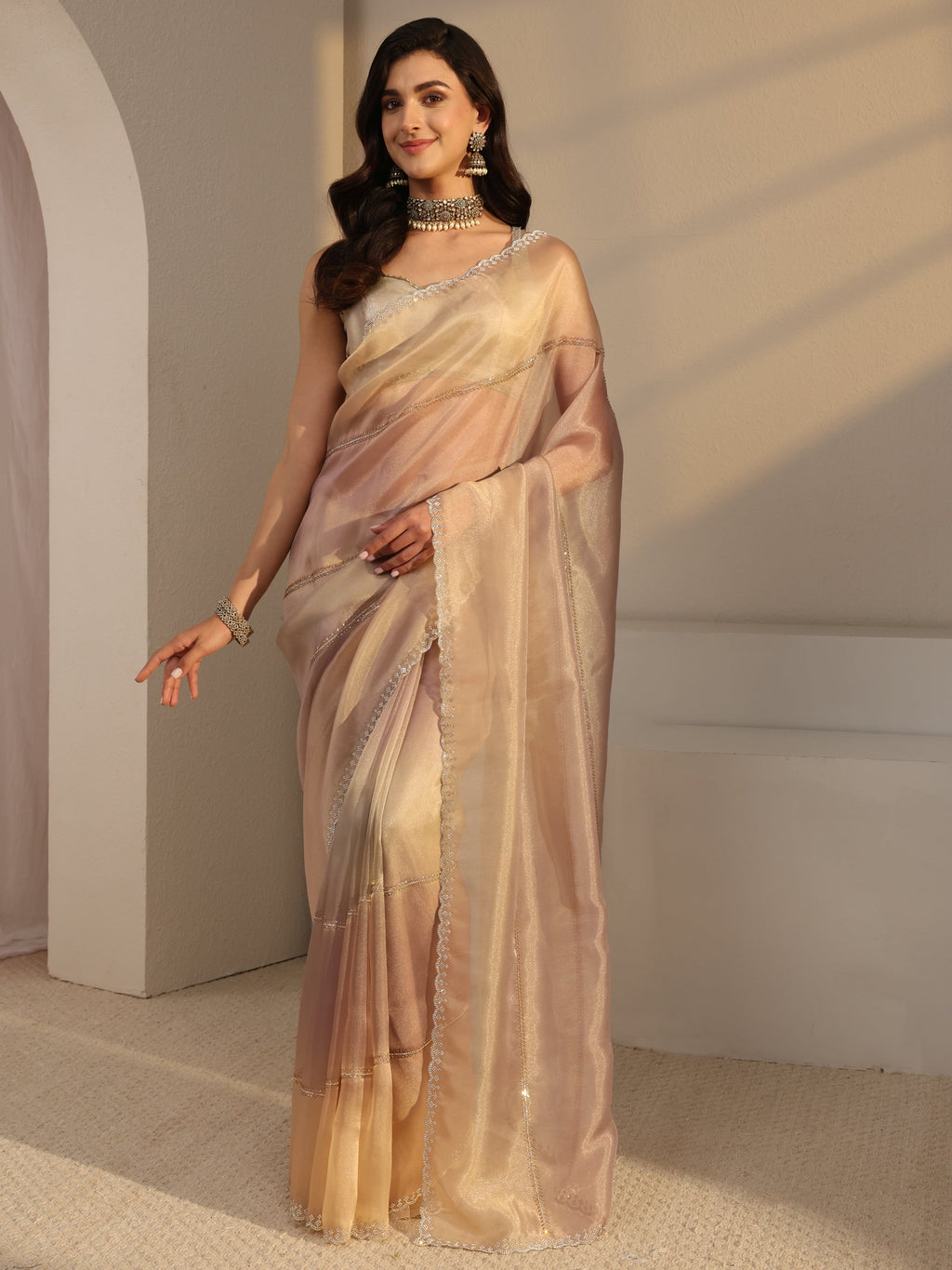 Libas Beige Embellished Tissue Saree With Unstitched Blouse Piece