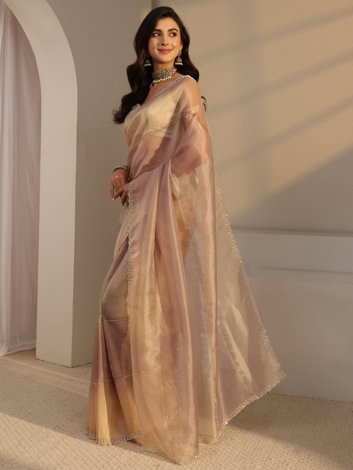 Libas Beige Embellished Tissue Saree With Unstitched Blouse Piece