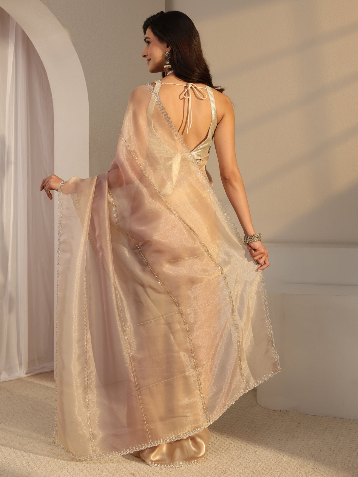 Libas Beige Embellished Tissue Saree With Unstitched Blouse Piece