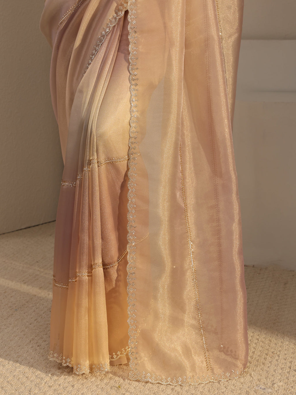 Libas Beige Embellished Tissue Saree With Unstitched Blouse Piece