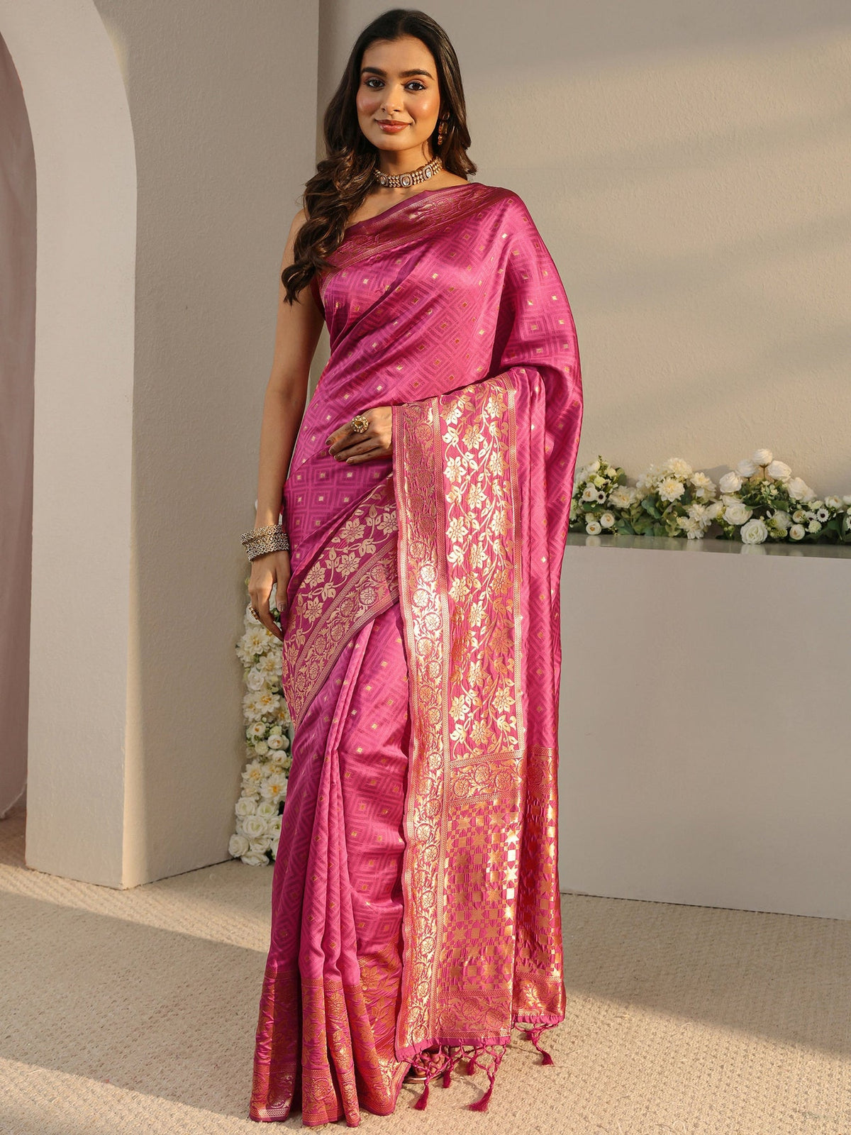Libas Pink Ethnic Woven Design Silk Blend Saree With Unstitched Blouse Piece S45