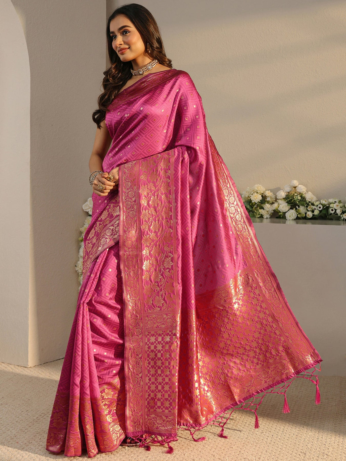 Libas Pink Ethnic Woven Design Silk Blend Saree With Unstitched Blouse Piece S45
