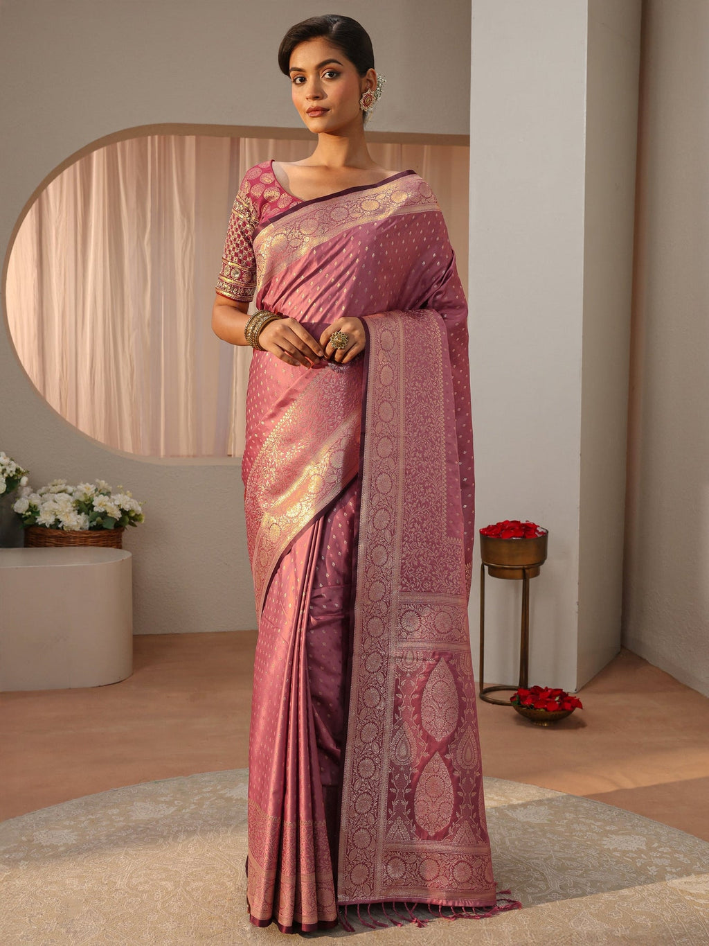 Libas Pink Kanjeevaram Silk Blend Saree S45