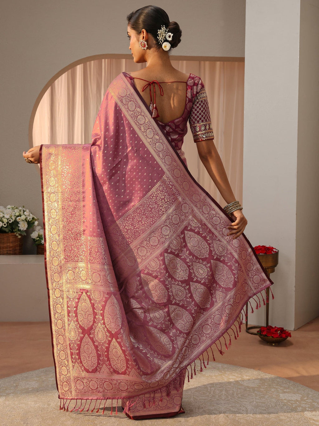Libas Pink Kanjeevaram Silk Blend Saree S45