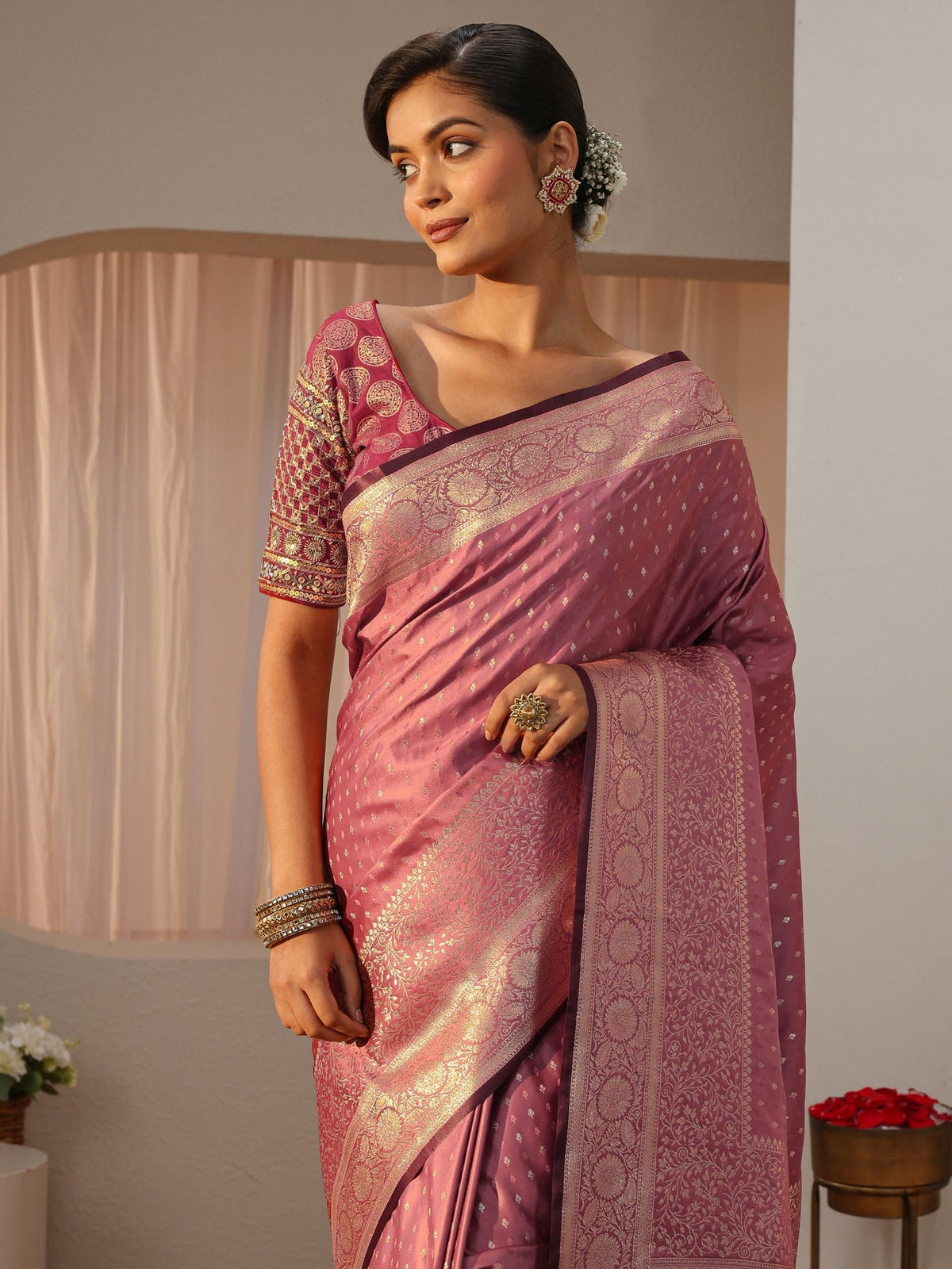 Libas Pink Kanjeevaram Silk Blend Saree S45