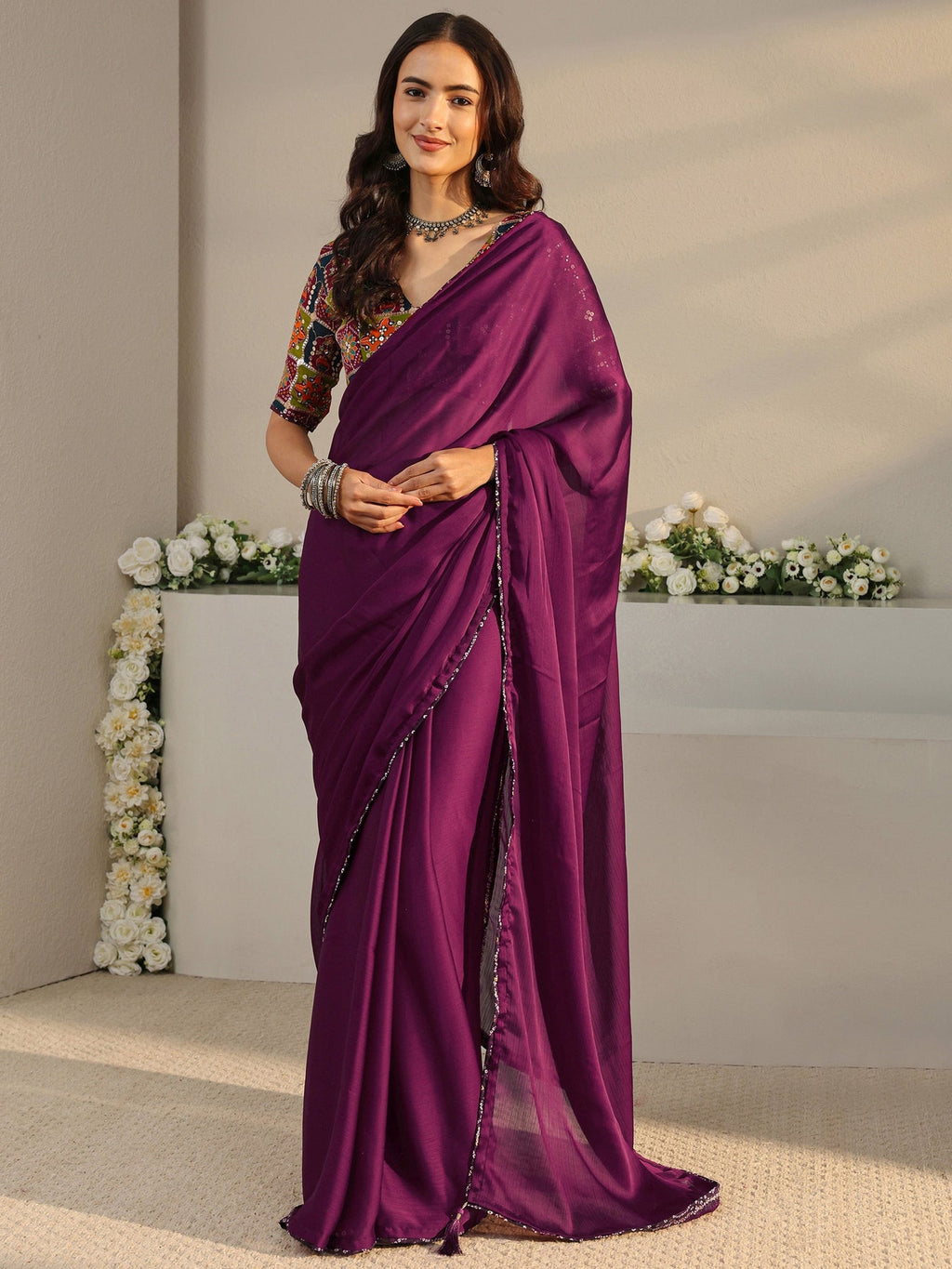 Libas Burgundy Solid Chiffon Saree With Unstitched Blouse Piece S45
