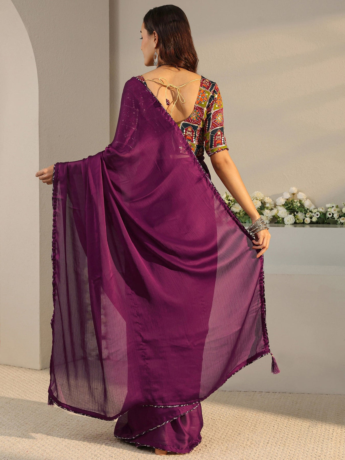Libas Burgundy Solid Chiffon Saree With Unstitched Blouse Piece S45