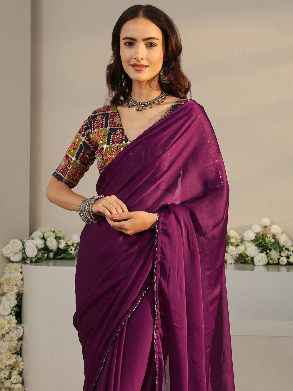 Libas Burgundy Solid Chiffon Saree With Unstitched Blouse Piece S45