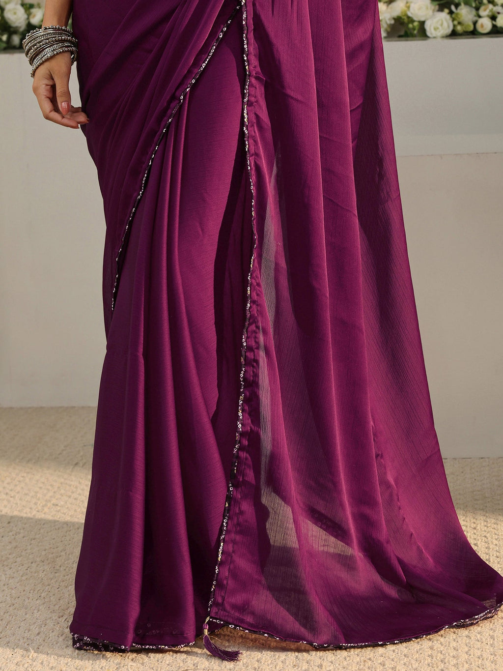 Libas Burgundy Solid Chiffon Saree With Unstitched Blouse Piece S45
