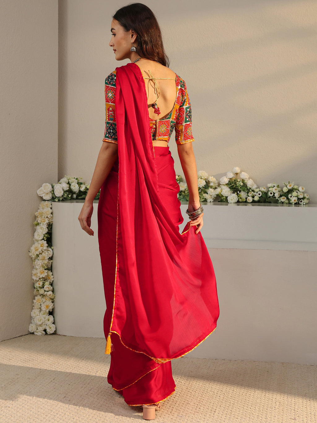 Libas Red Solid Chiffon Saree With Unstitched Blouse Piece