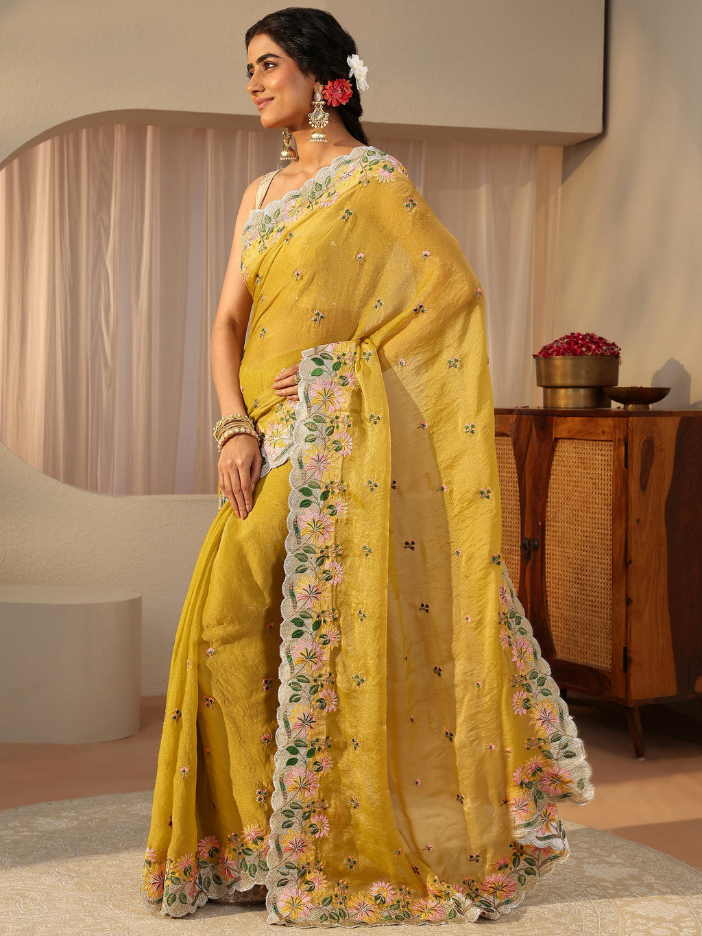Libas Yellow Floral Embroidered Tissue Saree