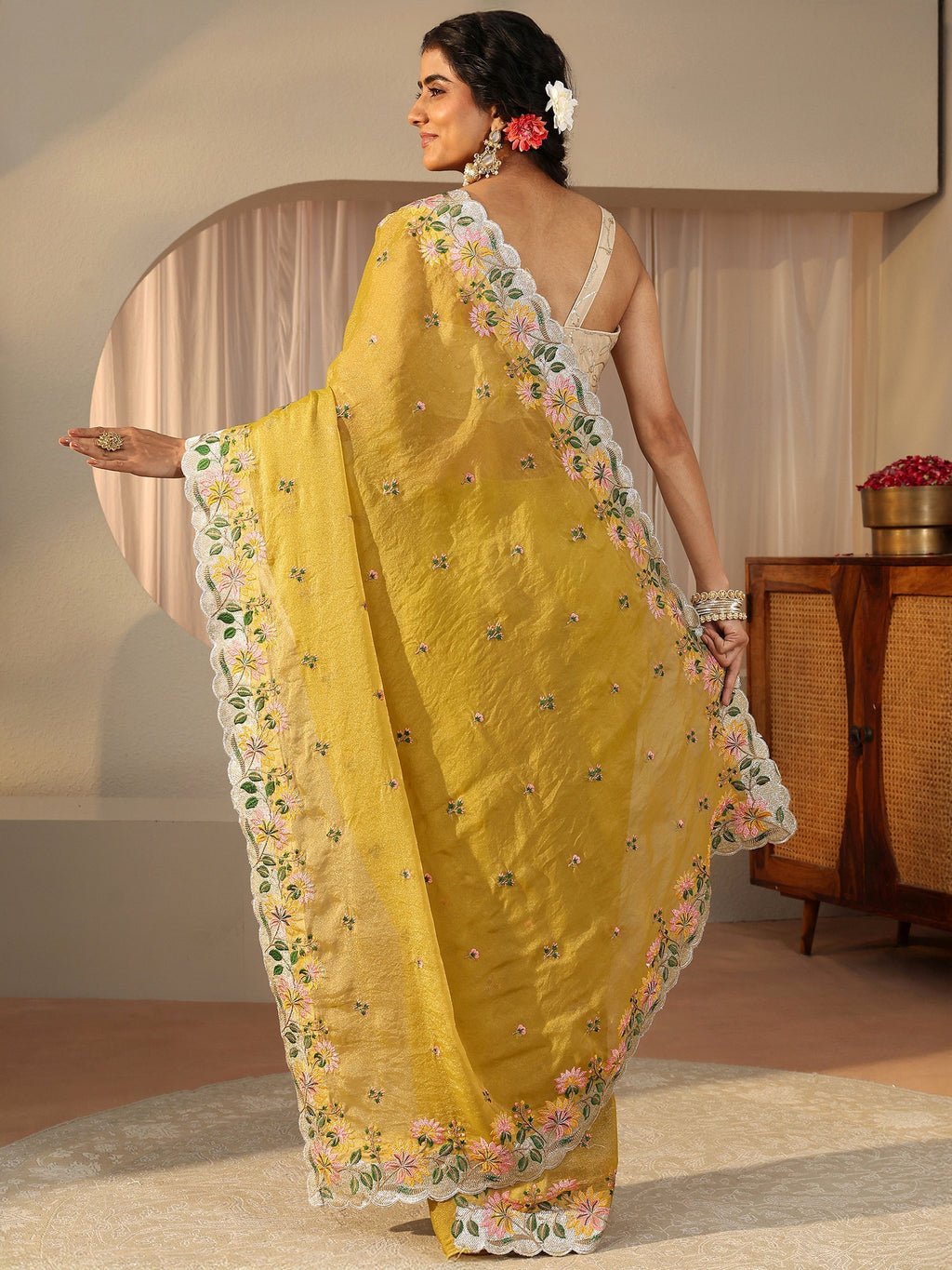 Libas Yellow Floral Embroidered Tissue Saree
