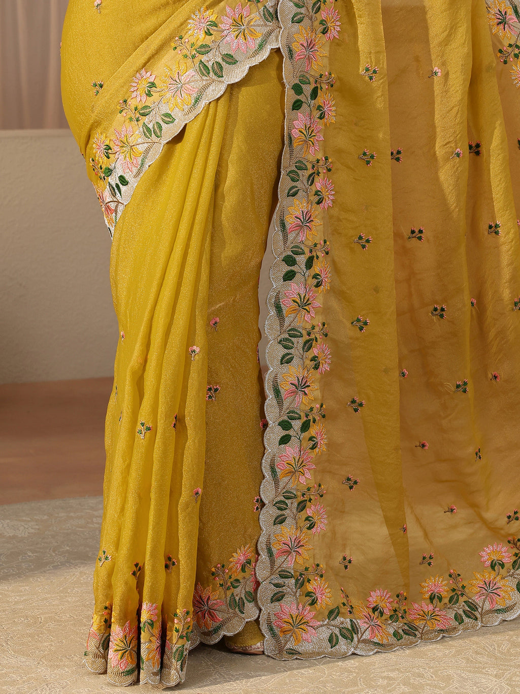 Libas Yellow Floral Embroidered Tissue Saree