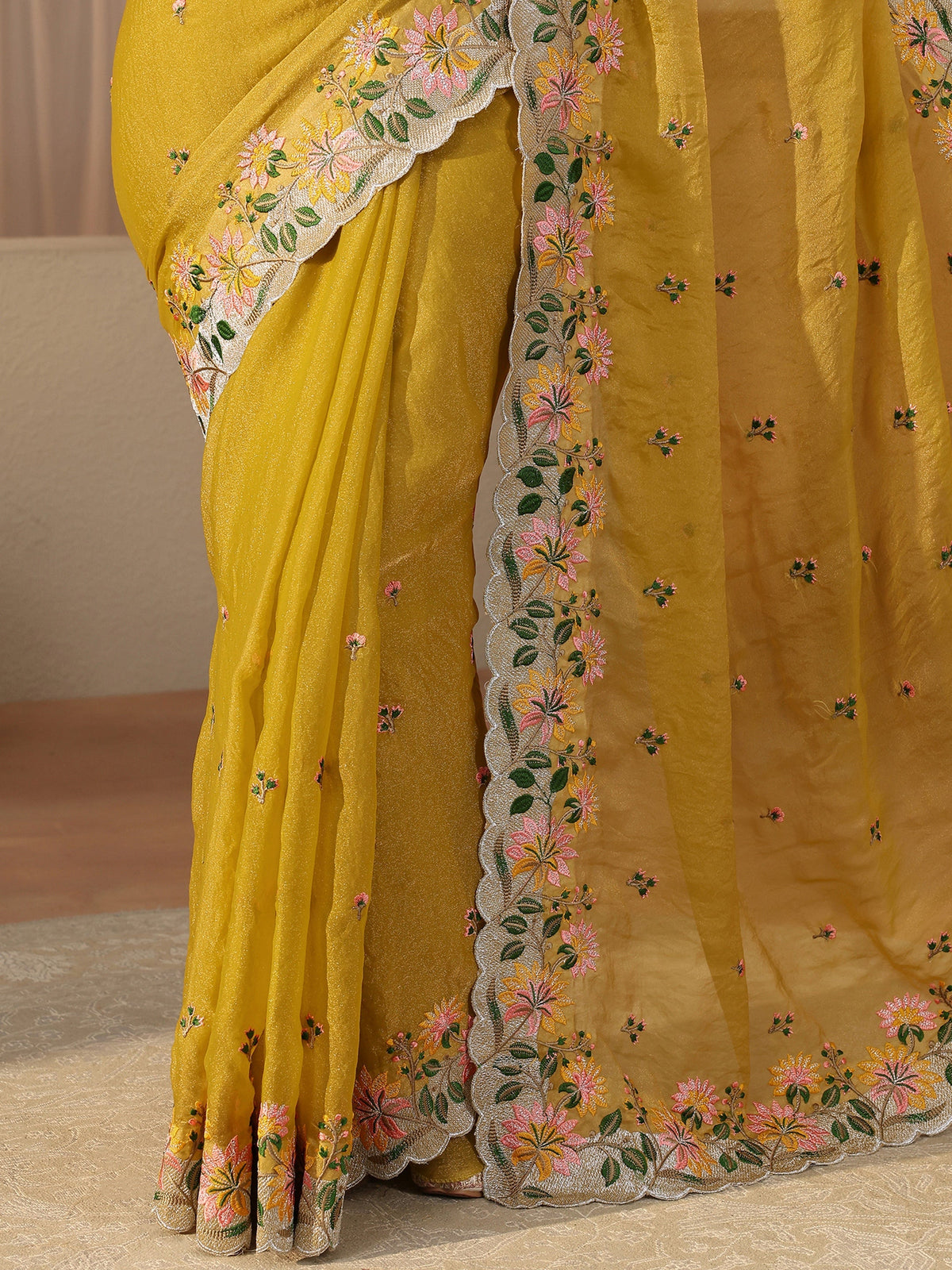 Libas Yellow Floral Embroidered Tissue Saree
