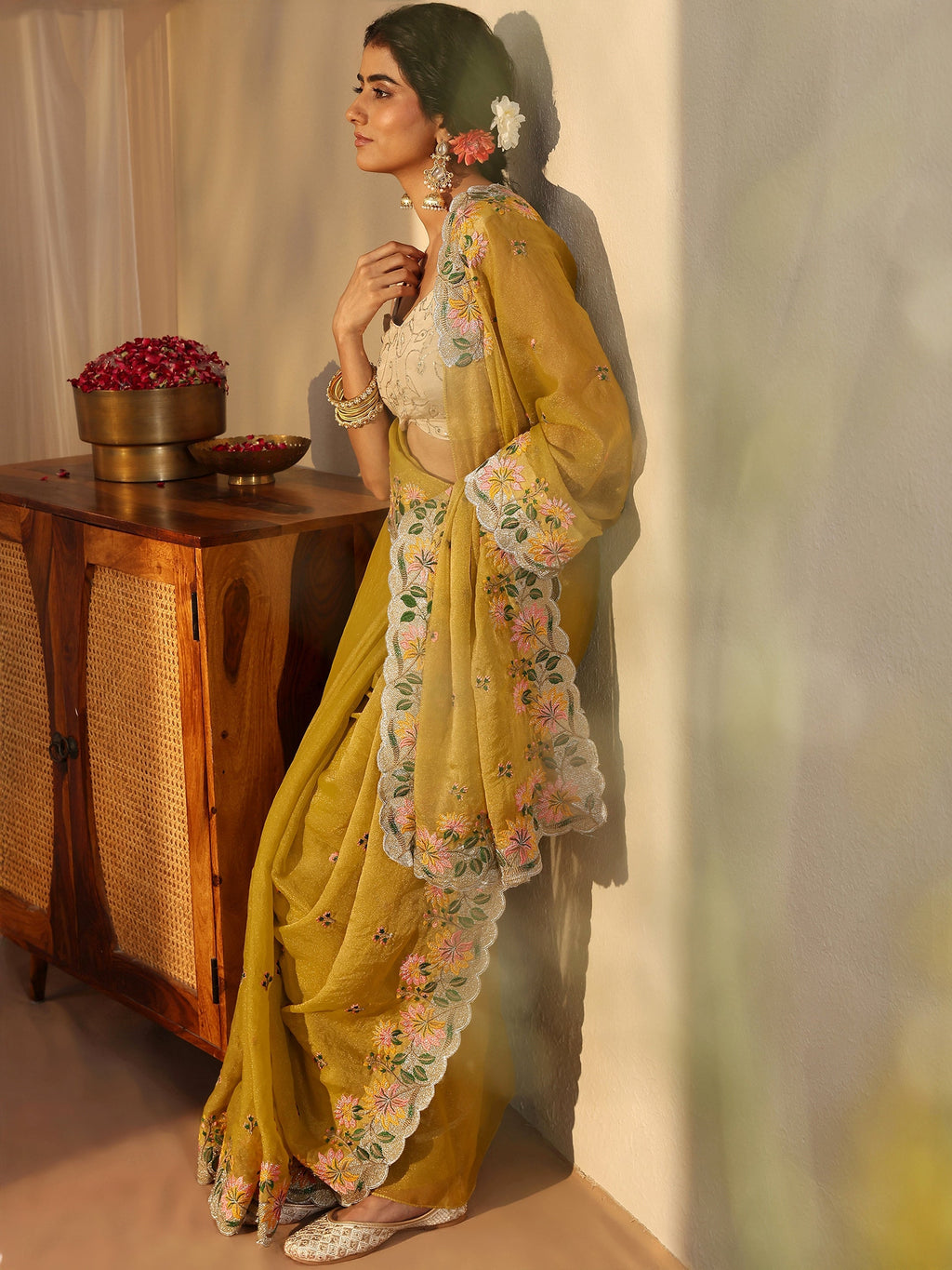 Libas Yellow Floral Embroidered Tissue Saree