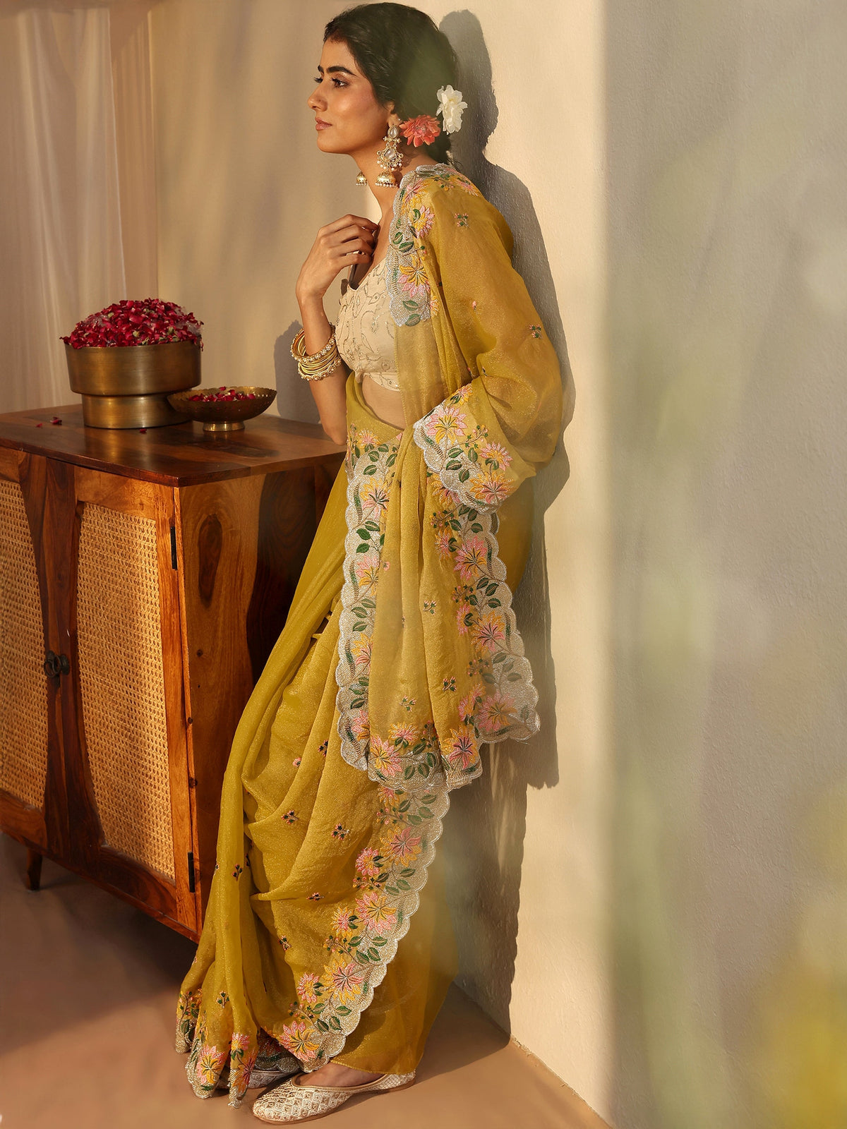 Libas Yellow Floral Embroidered Tissue Saree