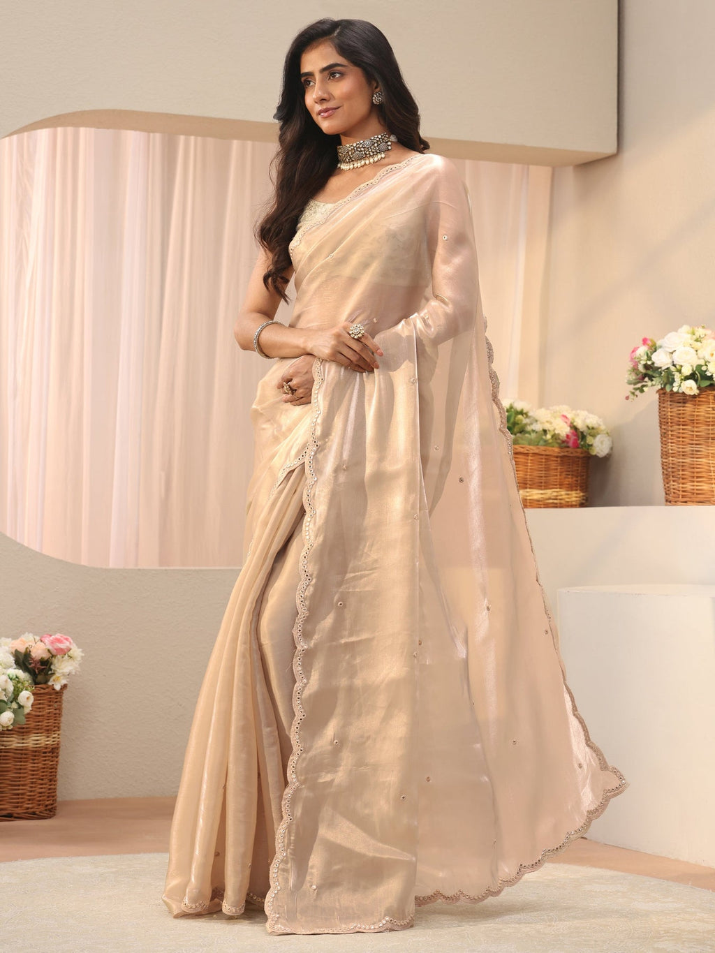 Libas Ivory Mirror Work Organza Saree S45