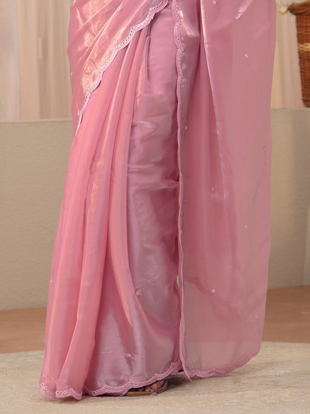 Libas Pink Mirror Work Organza Saree
