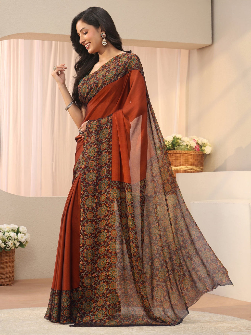 Libas Rust Chiffon Saree with Printed Border S45