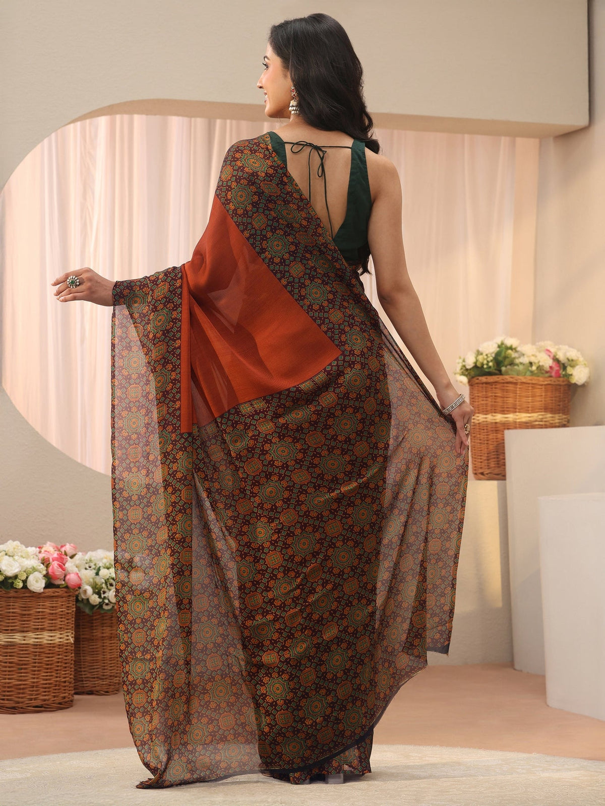 Libas Rust Chiffon Saree with Printed Border S45