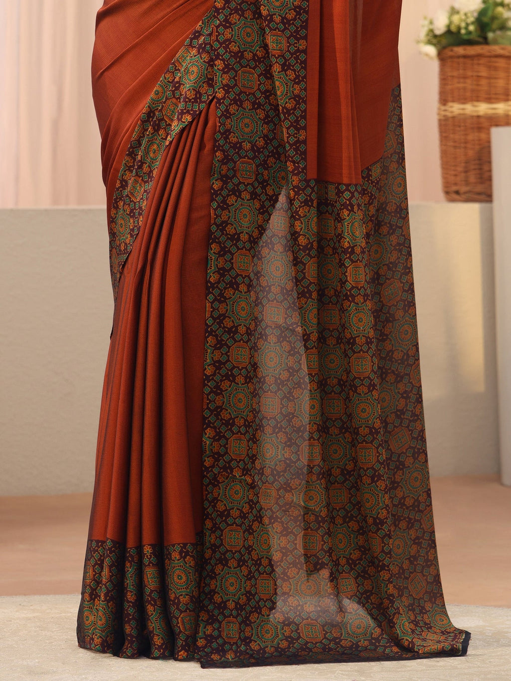 Libas Rust Chiffon Saree with Printed Border S45
