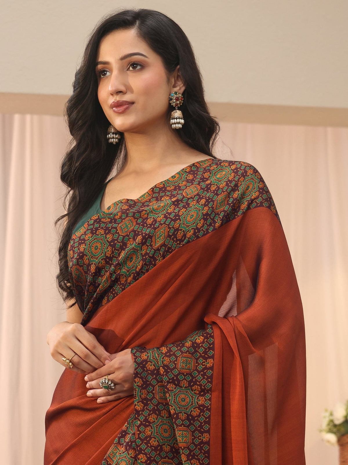 Libas Rust Chiffon Saree with Printed Border S45