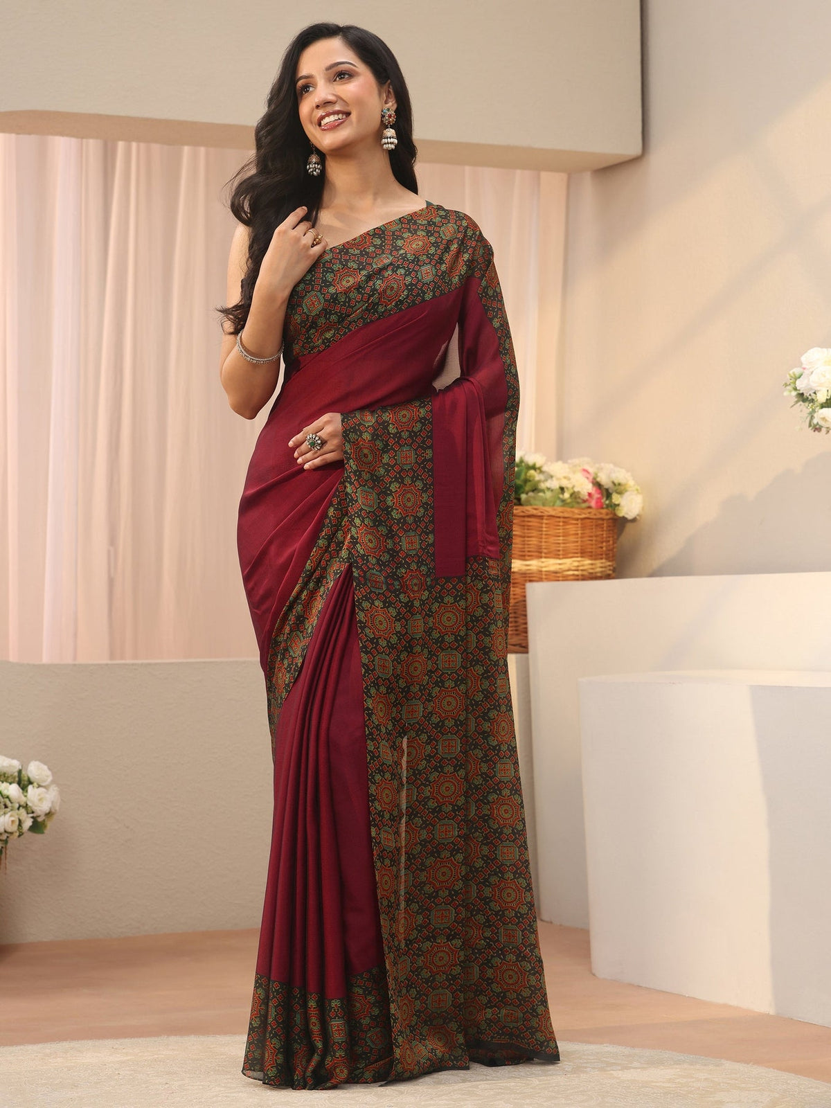 Libas Maroon Chiffon Saree with Printed Border S45
