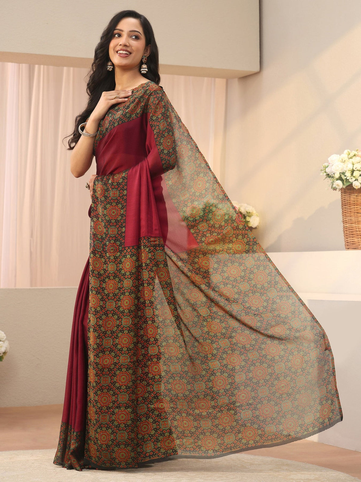 Libas Maroon Chiffon Saree with Printed Border S45
