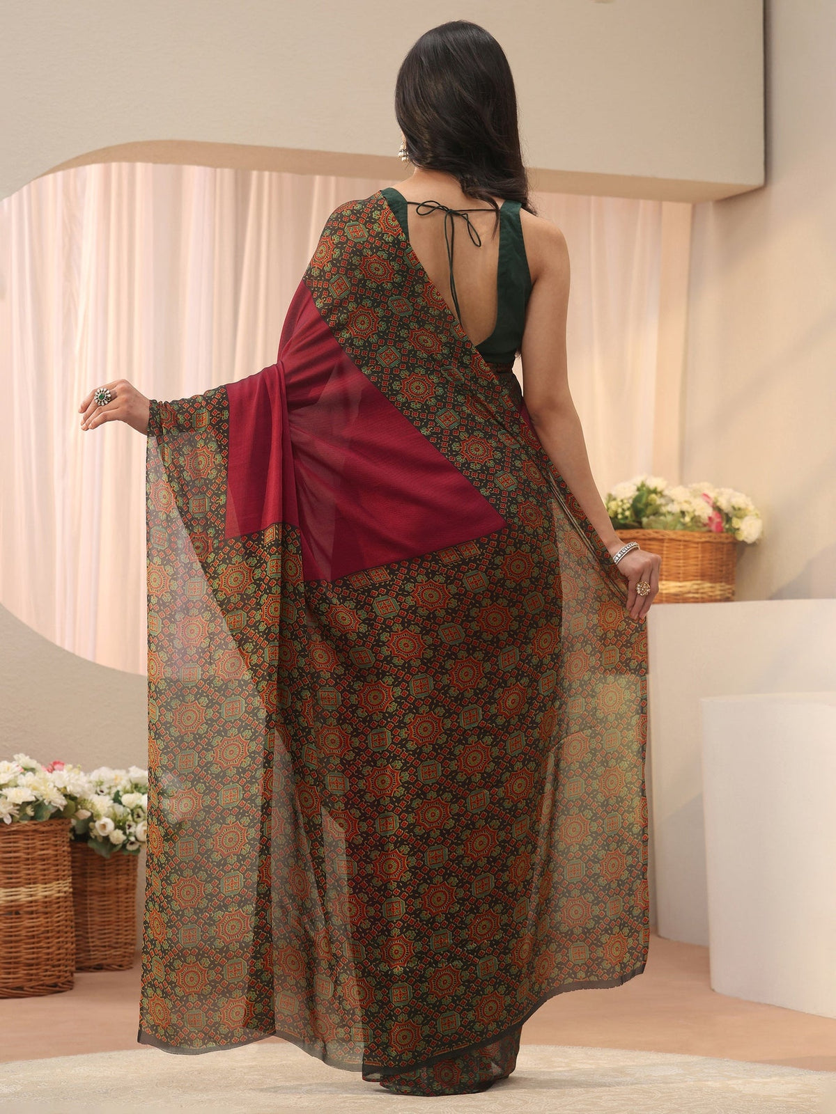 Libas Maroon Chiffon Saree with Printed Border S45