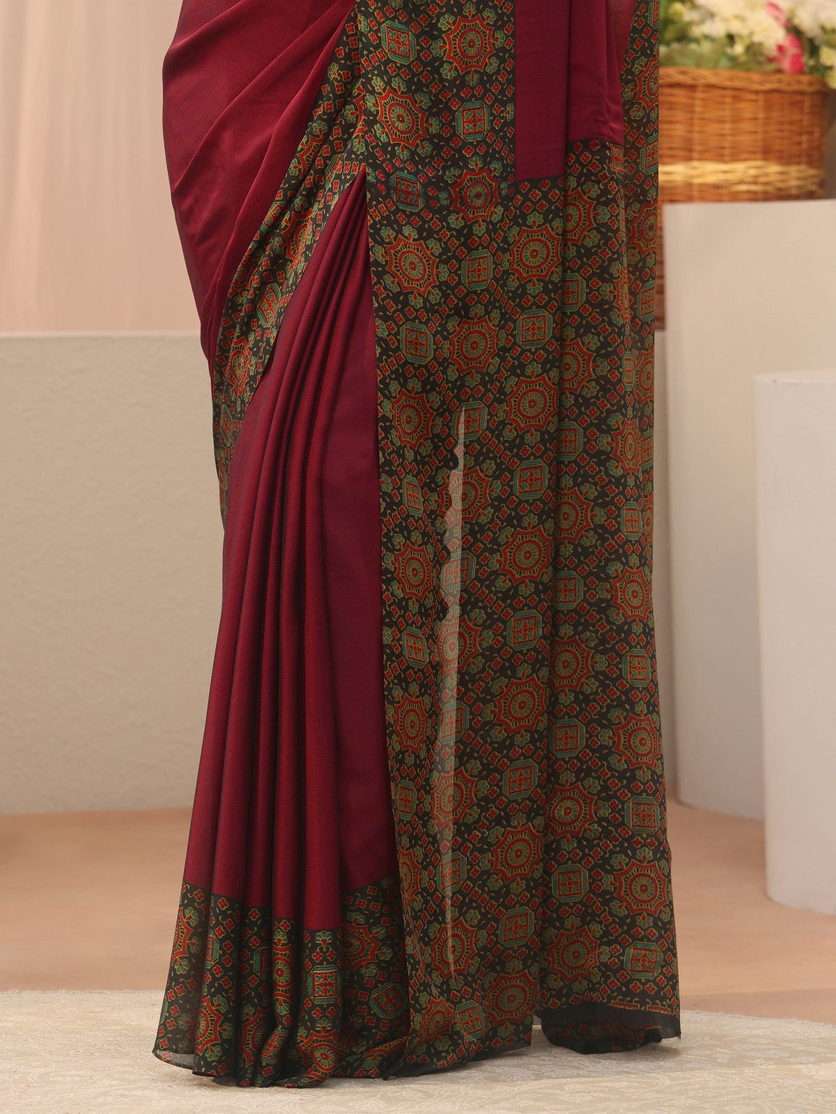 Libas Maroon Chiffon Saree with Printed Border S45