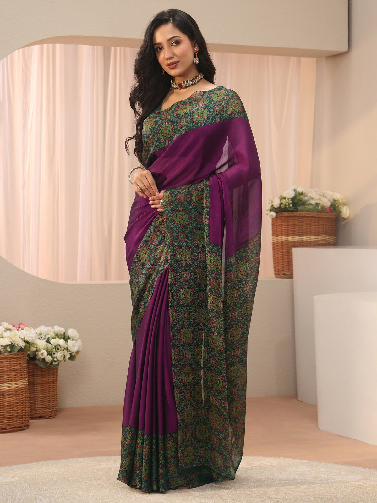 Libas Burgundy Chiffon Saree with Printed Border S45