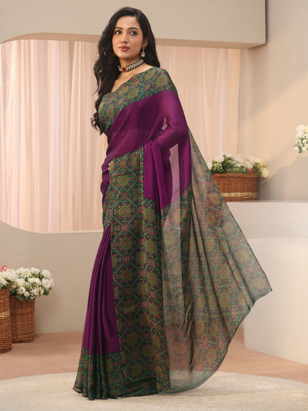 Libas Burgundy Chiffon Saree with Printed Border S45