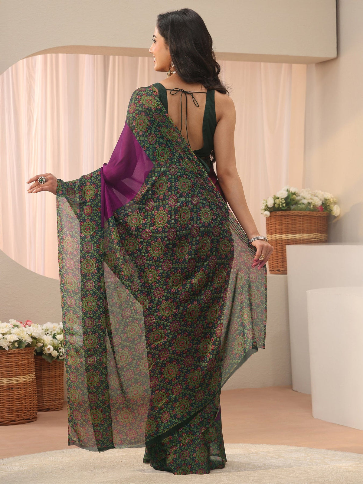 Libas Burgundy Chiffon Saree with Printed Border S45