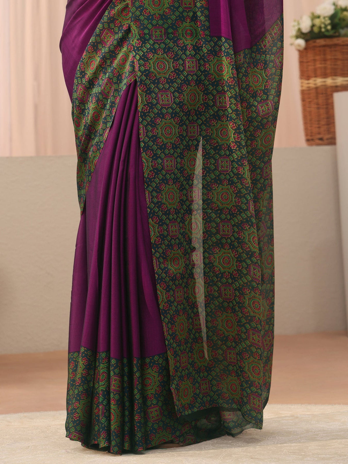 Libas Burgundy Chiffon Saree with Printed Border S45